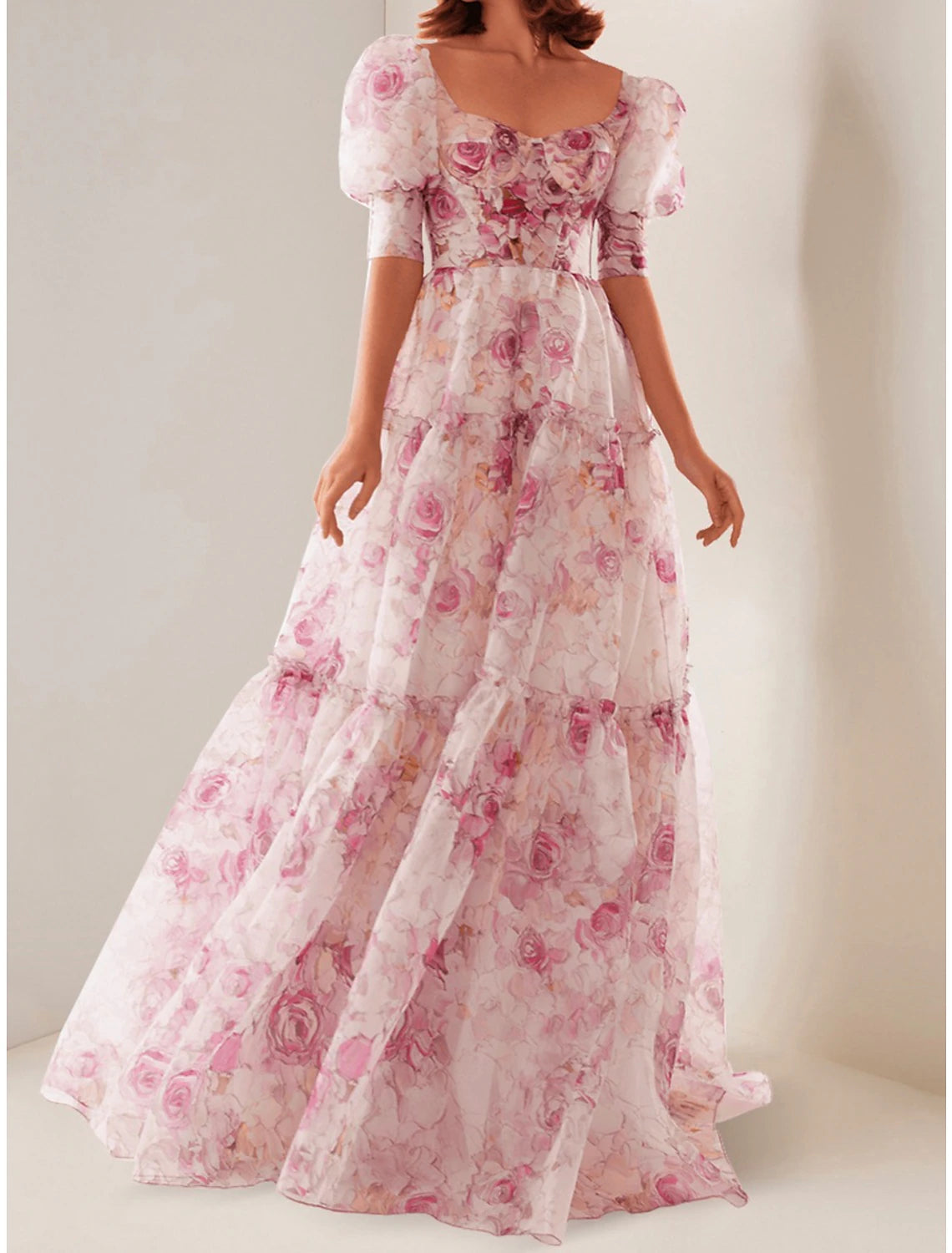 A-Linie Abendkleid Korsettkleid Hochzeitsempfang Bodenlang Kurzarm Rundhalsausschnitt Royal Style Organza mit Blumendruck